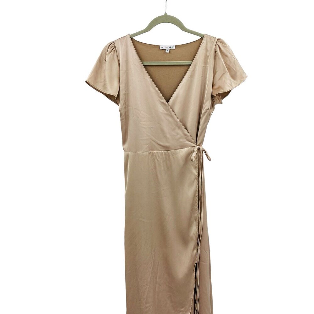 Baltic Born Krystal Satin Wrap Maxi Dress size Small Champagne Flutter Sleeves